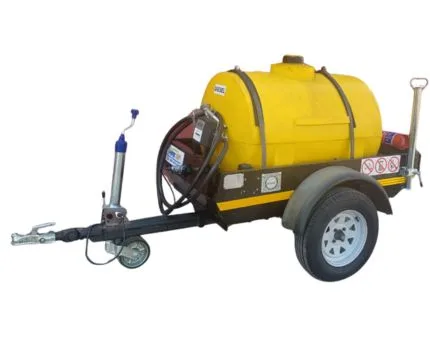 500L yellow diesel bowser trailer with pump, hose reel, and jockey wheel – front angle view