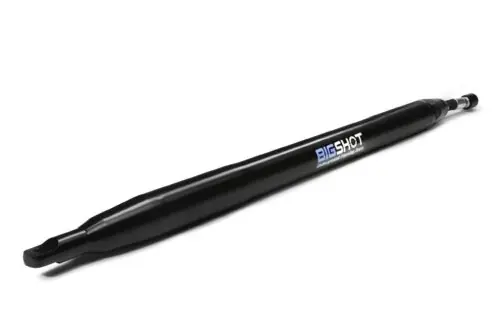 Image of the Bigshot Underground Piercing Tool (Mole), a robust, CNC-machined device constructed from solid billet nickel chromoly steel, complete with a cartridge-style shock absorber and flexible air tube assembly.