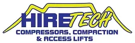 Hiretech Logo for Hire Tech featuring blue and yellow text. HIRE is in bold blue font, TECH is in yellow script, with a mountain outline above. Below: COMPRESSORS, COMPACTION & ACCESS LIFTS in blue. Hire2buy