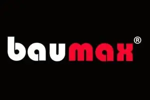 Hiretech The word baumax is written in lowercase bold letters on a black background; bau is in white and max is in red. A registered trademark symbol appears at the top right corner. Hire2buy