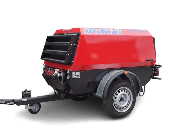 Hiretech A red and black portable air compressor on a trailer with a tow bar and a single wheel on each side, labeled Rotair on the top front. Hire2buy