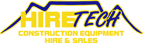Hiretech Logo for Hiretech, featuring bold yellow text HIRETECH with TECH in blue cursive, outlined by a blue stylized mountain line. Below, in yellow: CONSTRUCTION EQUIPMENT HIRE & SALES. Hire2buy