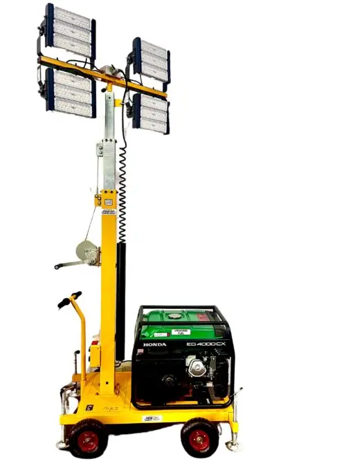 Image of a Portable Flood Tower Light featuring 4 x 200W LED lamps, a 5m telescopic mast, 360° rotation capability, and a 4kVA Honda Generator.