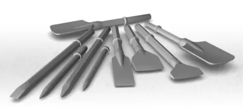 Image showcasing a range of demolition tools including molils, chisels, asphalt chisels, and taper boulder busters.