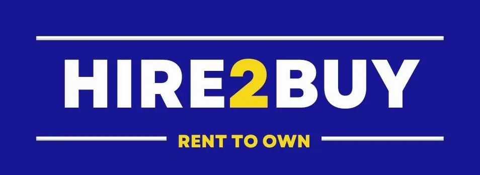 Blue and yellow banner displaying "HIRE2BUY – RENT TO OWN" in bold capital letters.